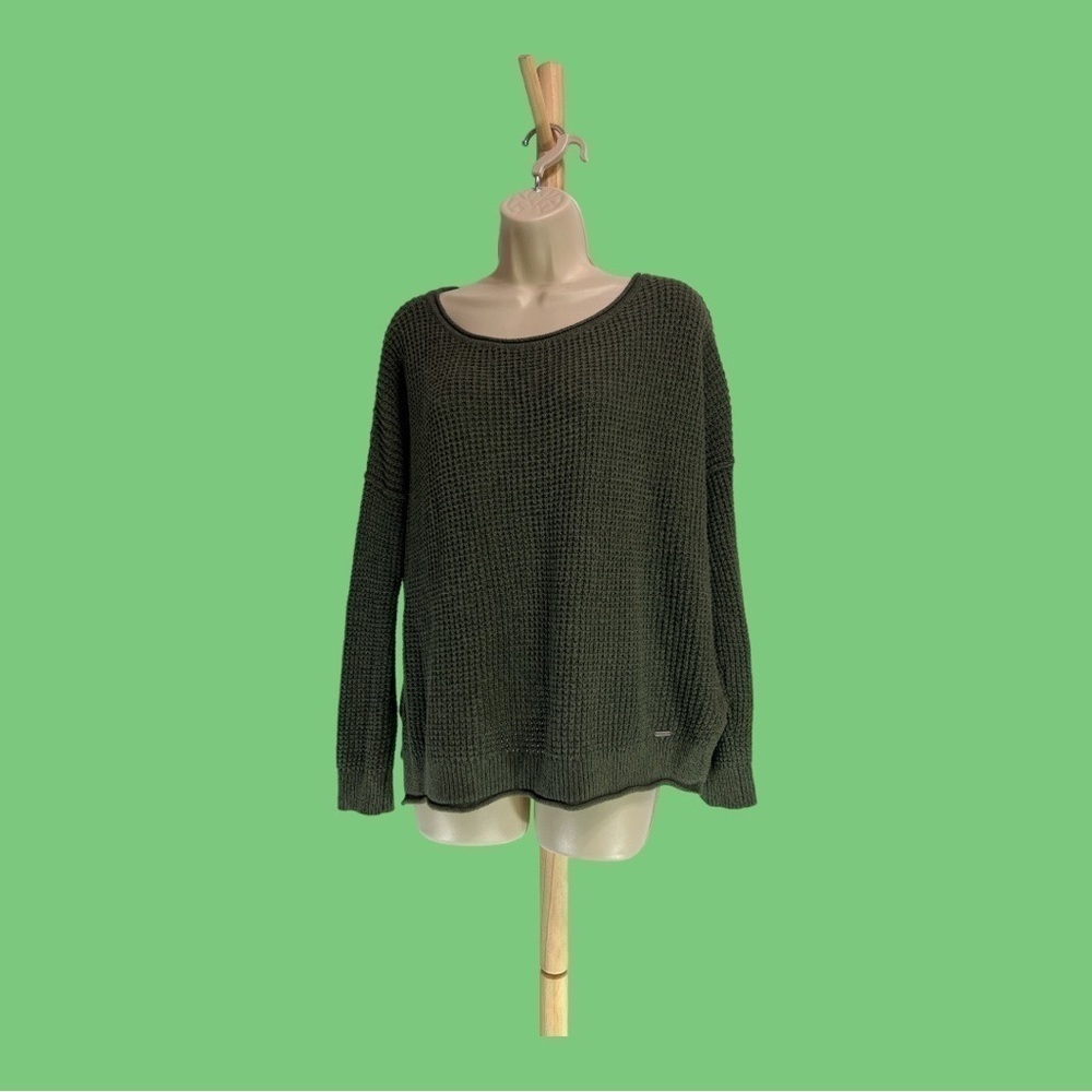 Hollister Pullover Crew Neck Olive Green Waffle Knit Sweater Size M
